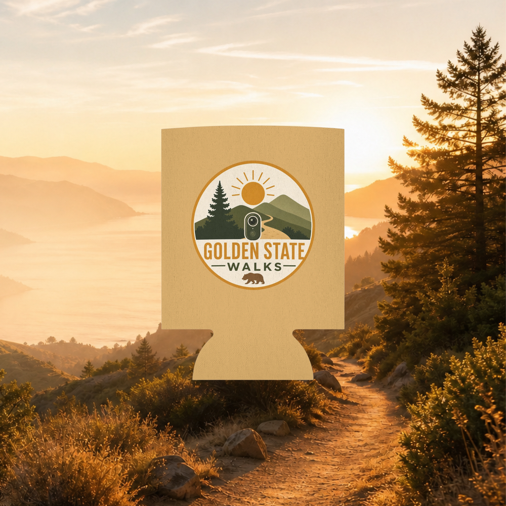 Golden State Walks Can Cooler — California Hiking Logo Koozie