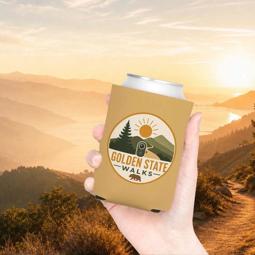 Golden State Walks Can Cooler — California Hiking Logo Koozie