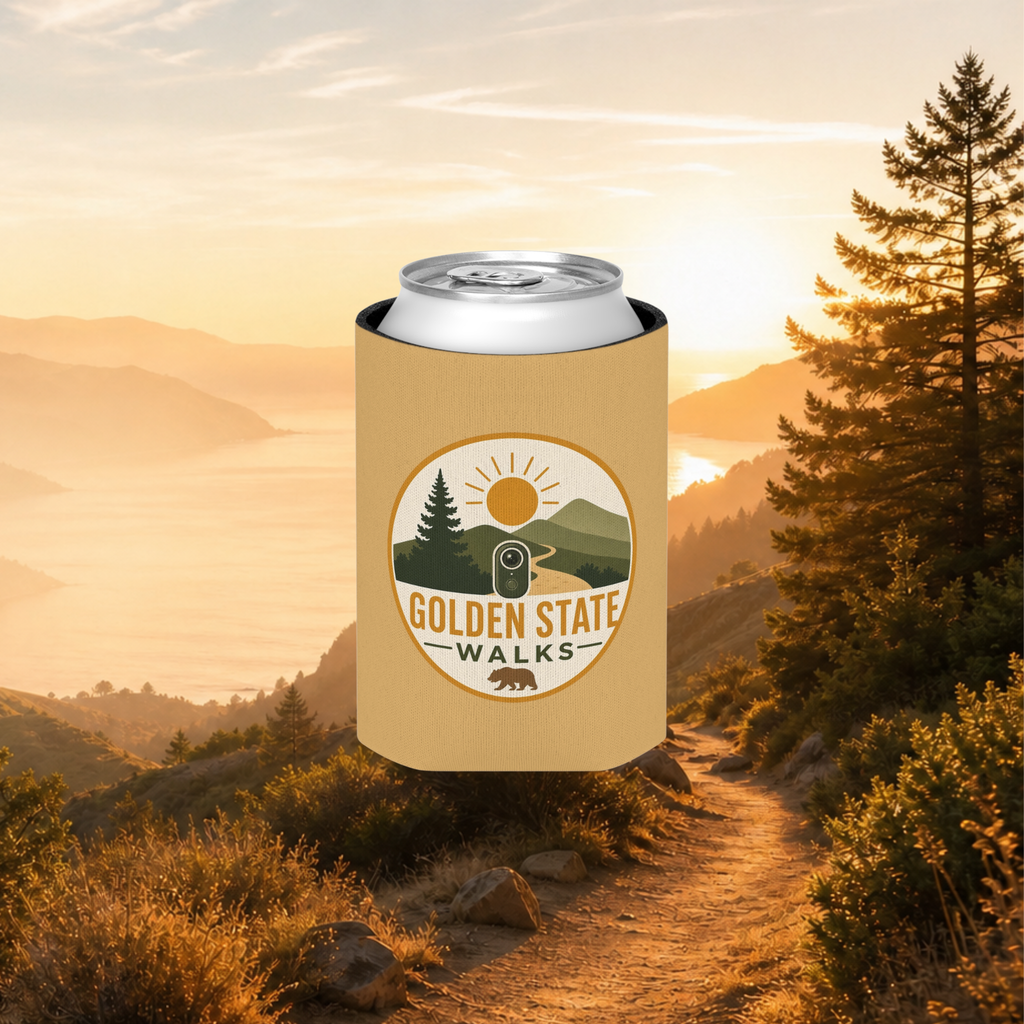 Golden State Walks Can Cooler — California Hiking Logo Koozie