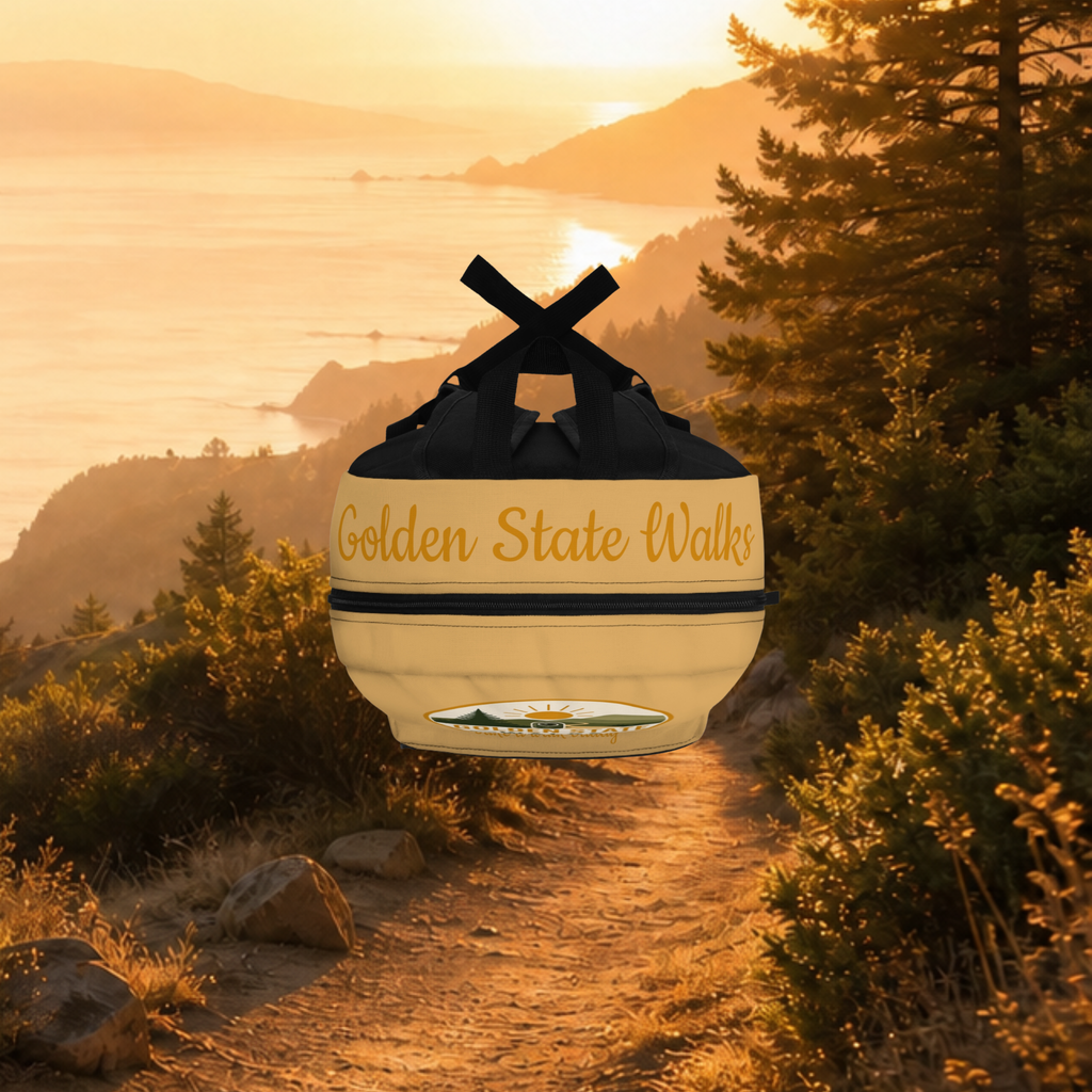 Golden State Walks Backpack — California Hiking Daypack with Scenic Sunset Photo