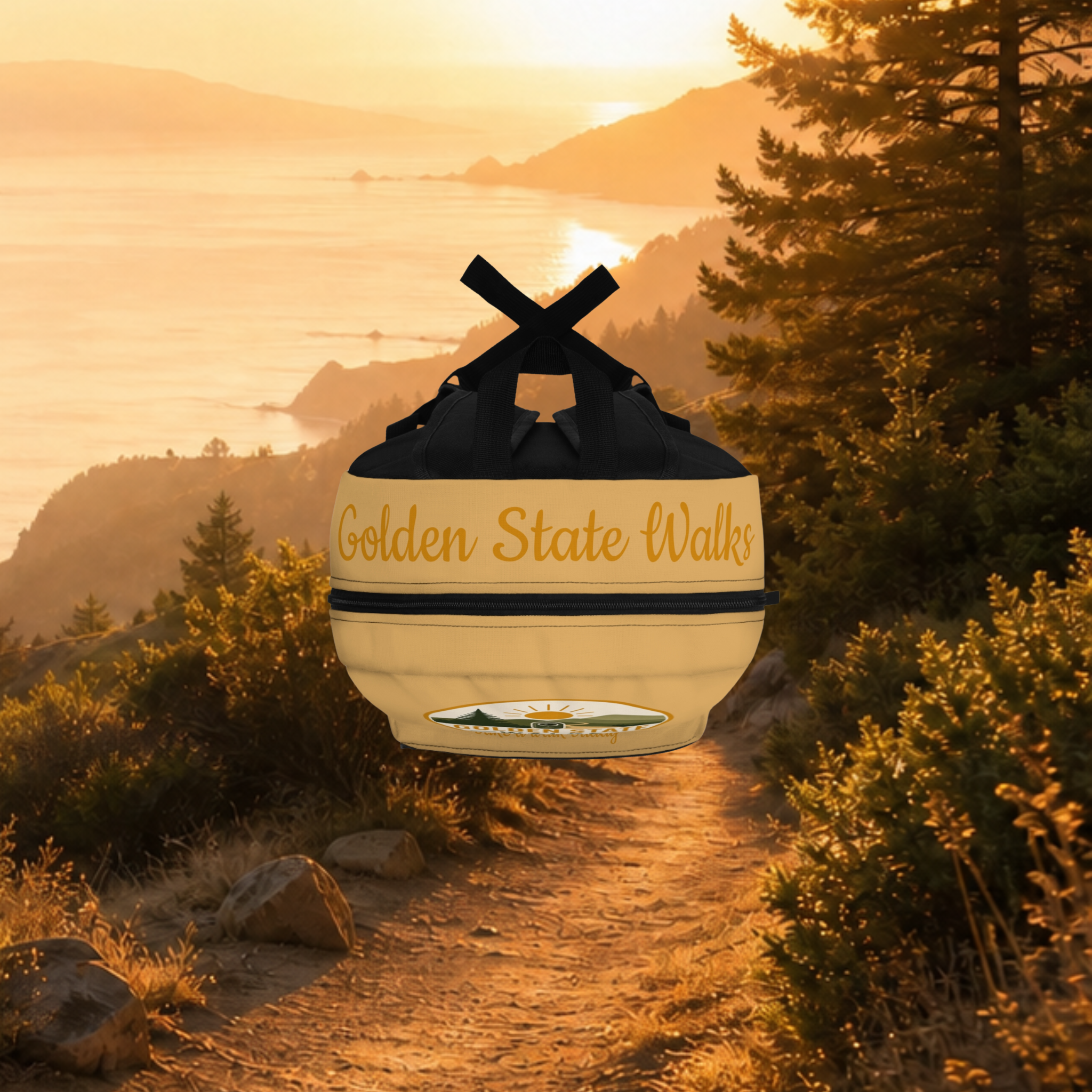 Golden State Walks Backpack — California Hiking Daypack with Scenic Sunset Photo