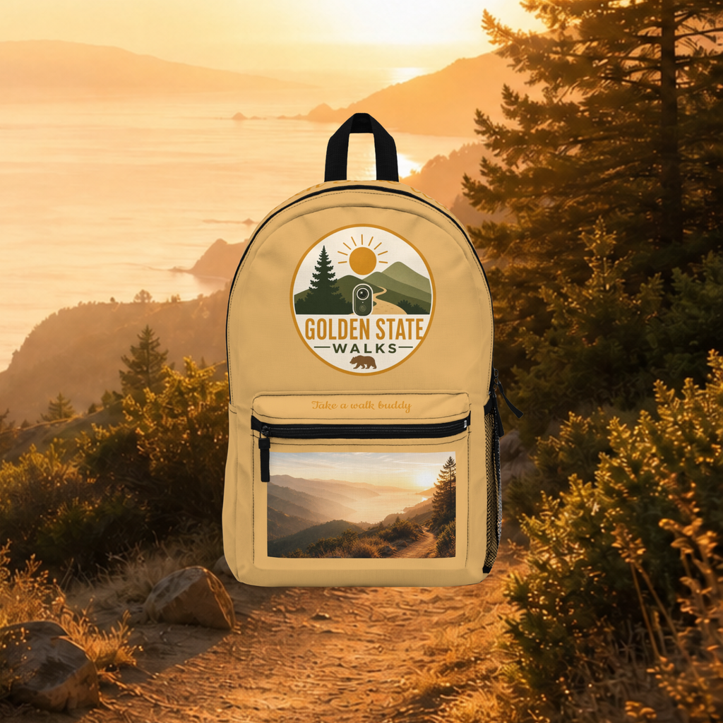 Golden State Walks Backpack — California Hiking Daypack with Scenic Sunset Photo