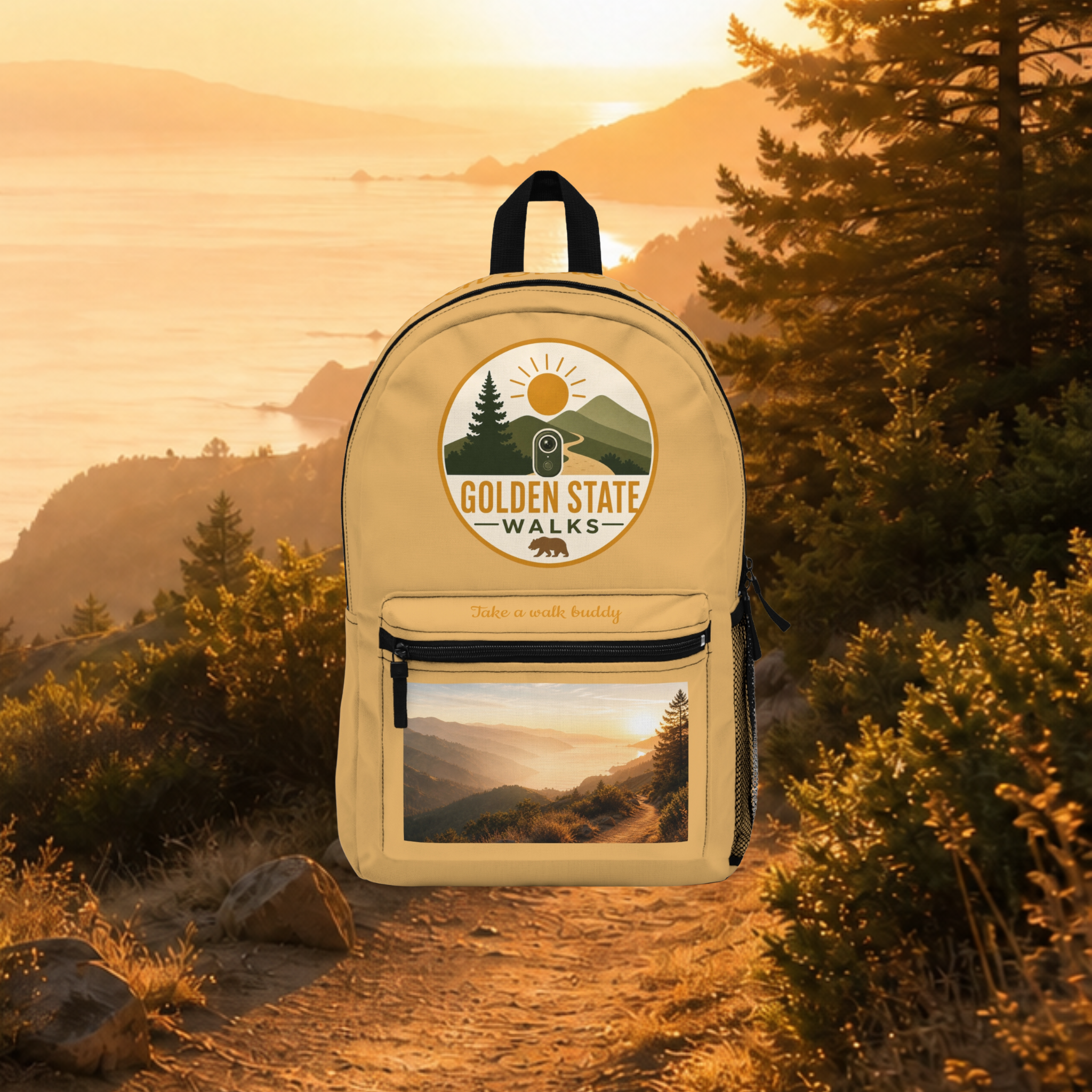 Golden State Walks Backpack — California Hiking Daypack with Scenic Sunset Photo