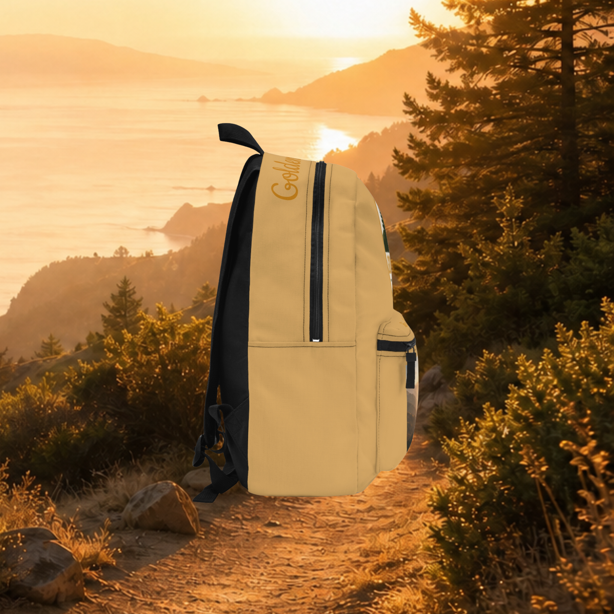 Golden State Walks Backpack — California Hiking Daypack with Scenic Sunset Photo