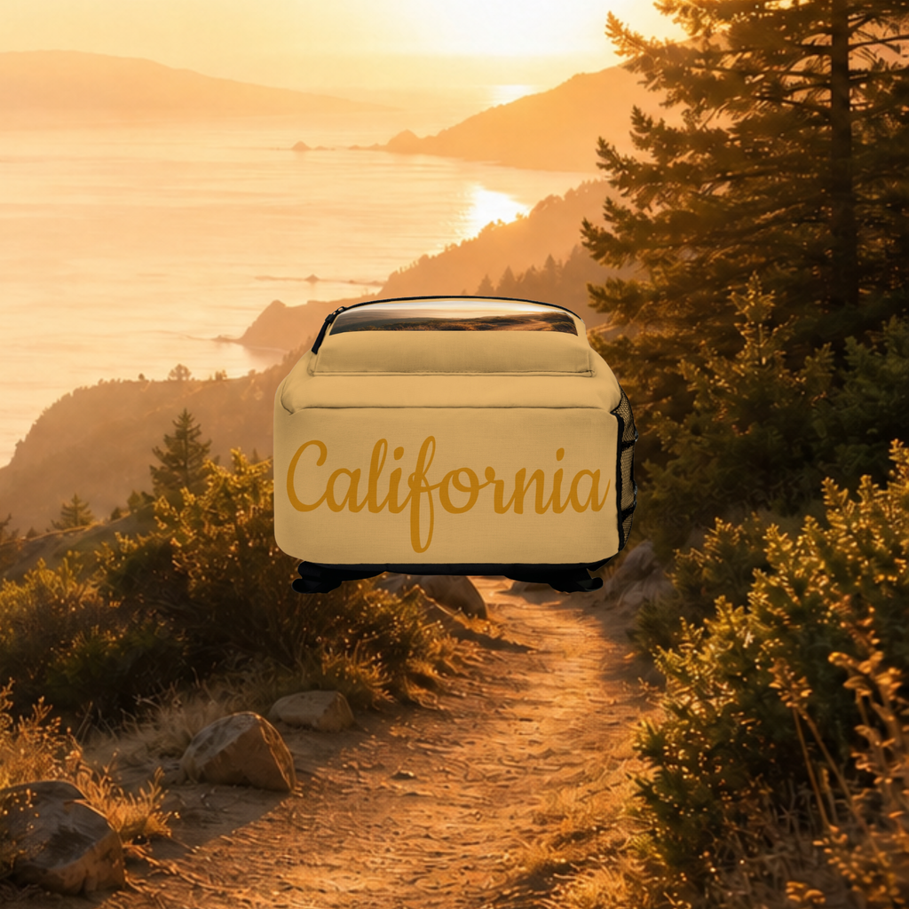 Golden State Walks Backpack — California Hiking Daypack with Scenic Sunset Photo